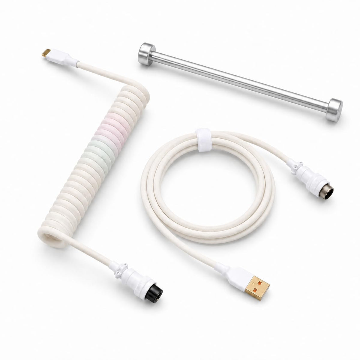 Pink-Blue Mix coiled aviator keyboard cable with weighted bar, USB-A to USB-C