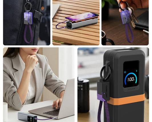 USB-C cables organized for travel and a clean desk setup
