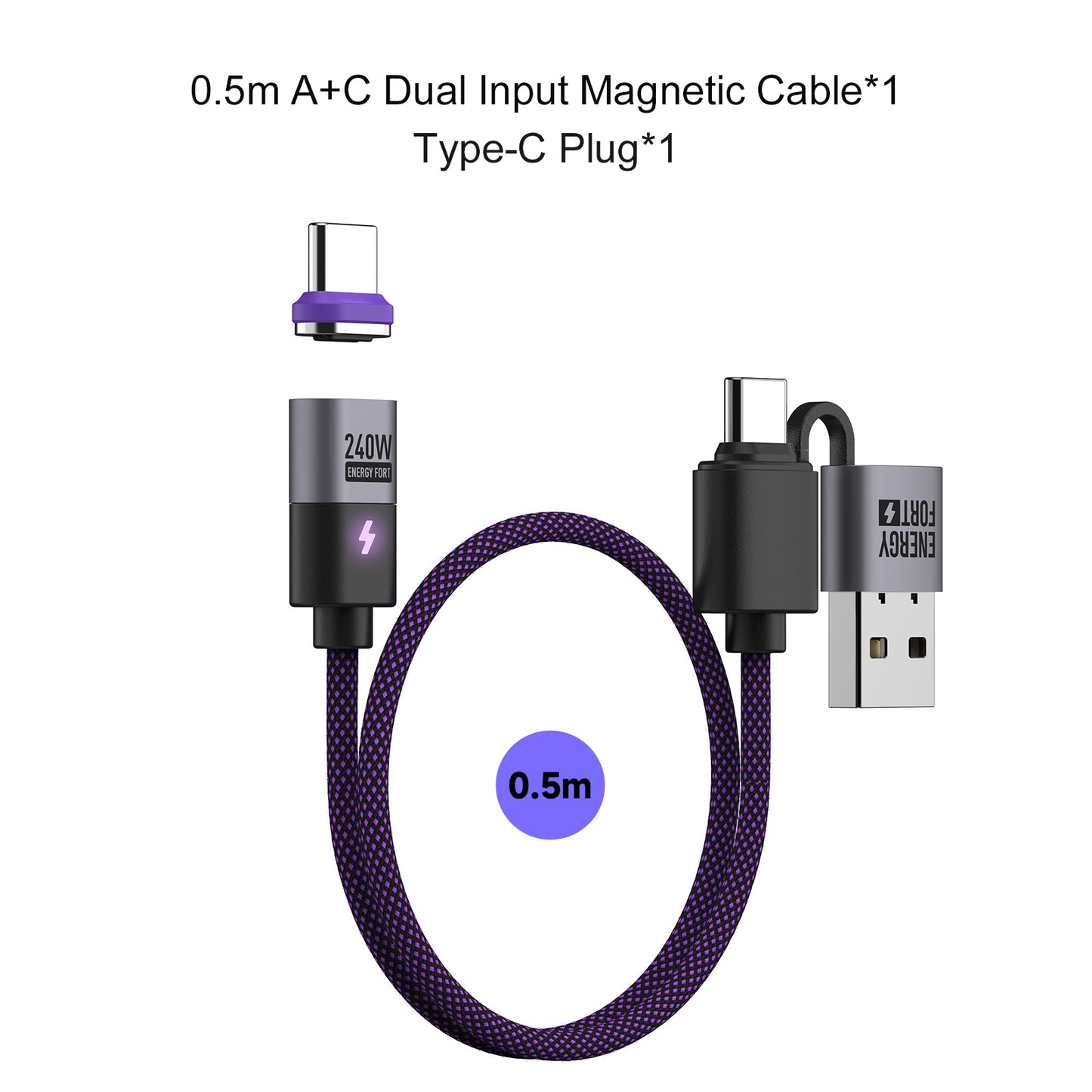 EnergyFort Magnetic 240W USB-C Cable with USB-A + USB-C Input
