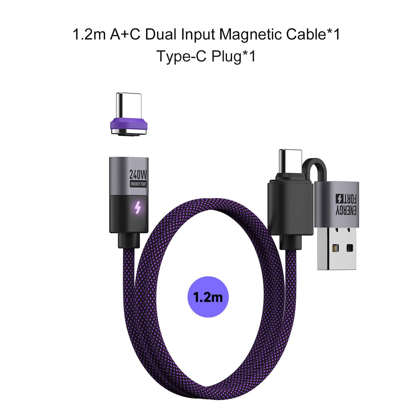 EnergyFort Magnetic 240W USB-C Cable with USB-A + USB-C Input