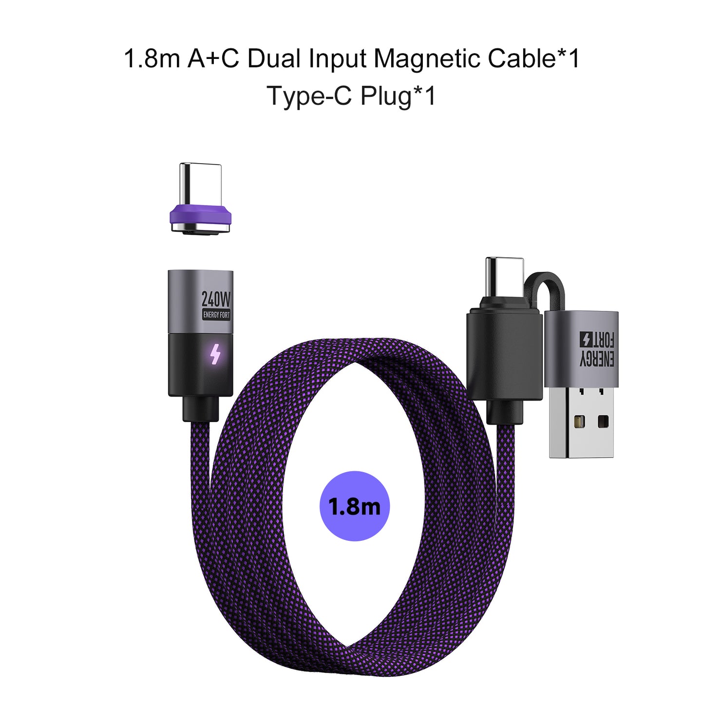 EnergyFort Magnetic 240W USB-C Cable with USB-A + USB-C Input