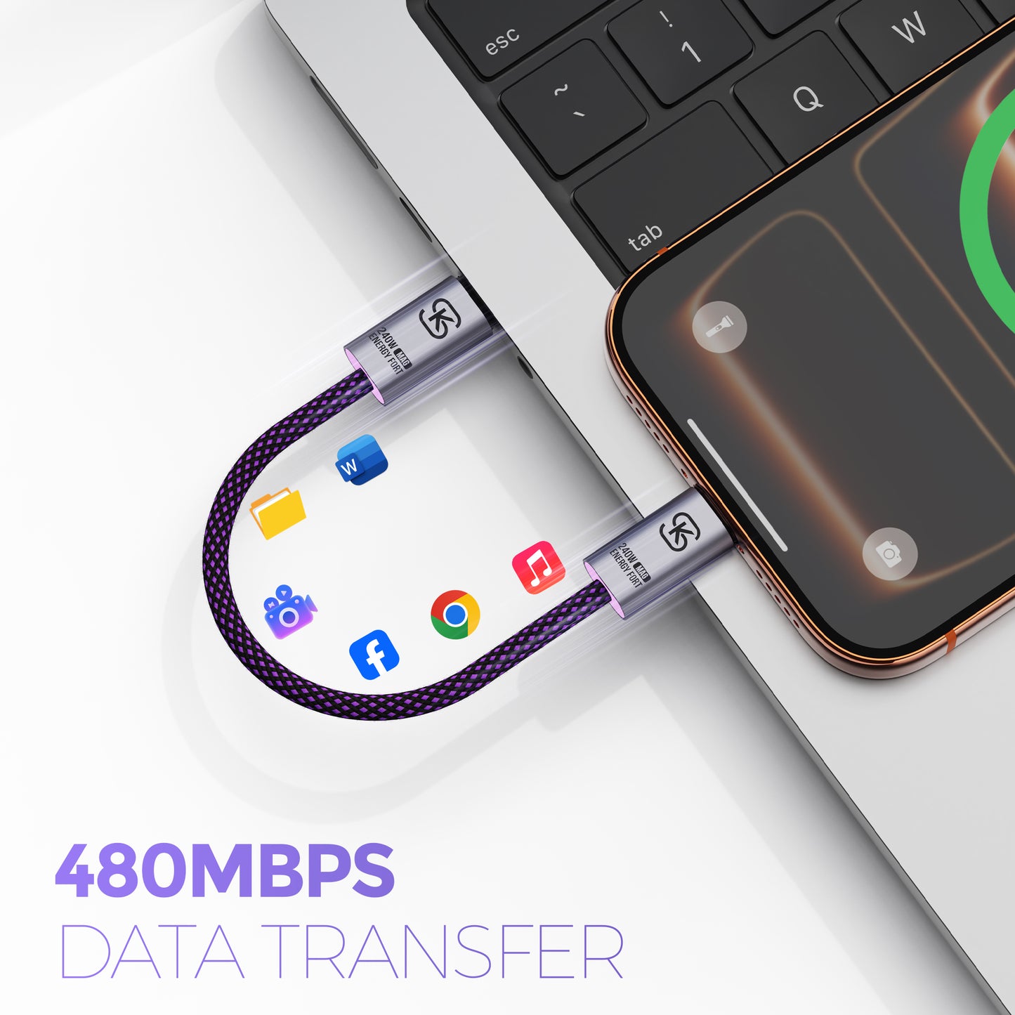 EnergyFort ClickClip 240W Magnetic Snap Short USB-C to USB-C Cable for magnetic wired charging - charging setup image