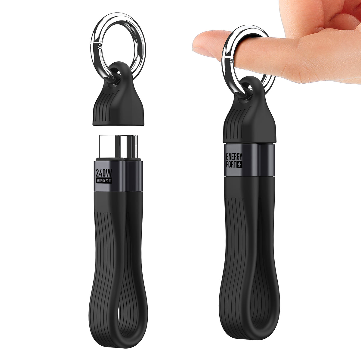 Black short USB-C cable with detachable keychain storage holder and clip ring