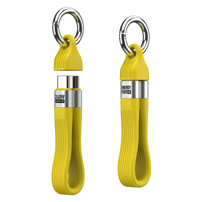 Yellow EnergyFort USB-C keychain cable shown with connectors exposed and stored