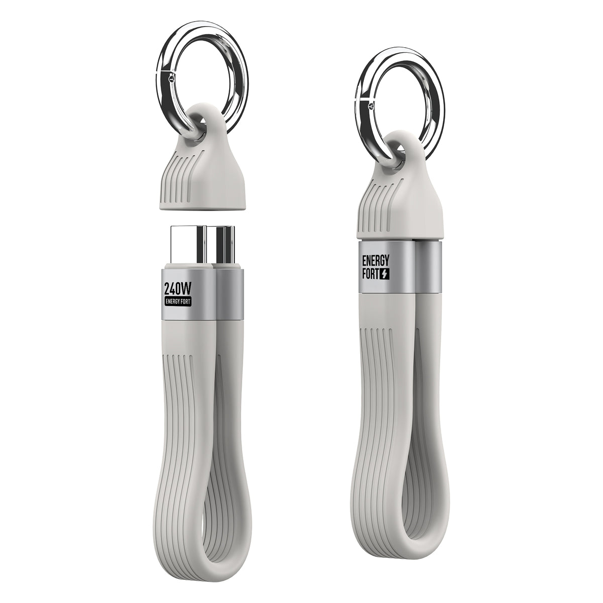 White EnergyFort USB-C keychain cable shown with connectors exposed and stored