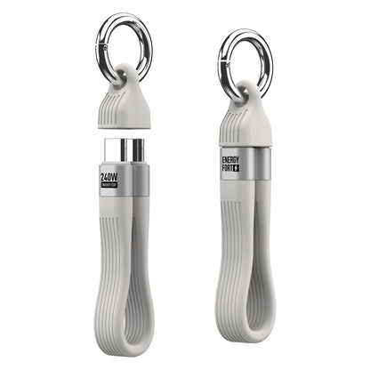 White EnergyFort USB-C keychain cable shown with connectors exposed and stored