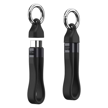 Black EnergyFort USB-C keychain cable shown with connectors exposed and stored