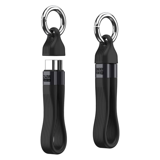 Black EnergyFort USB-C keychain cable shown with connectors exposed and stored