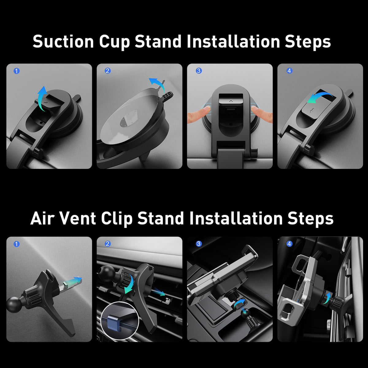 Installation steps for the suction-cup arm and air-vent clip
