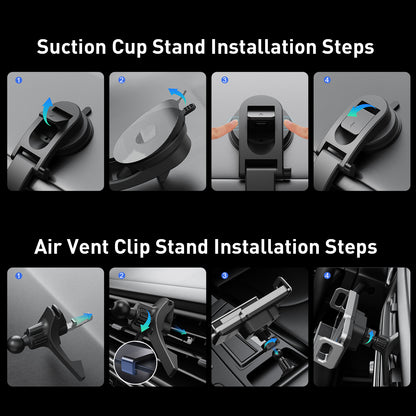 Installation steps for the suction-cup arm and air-vent clip
