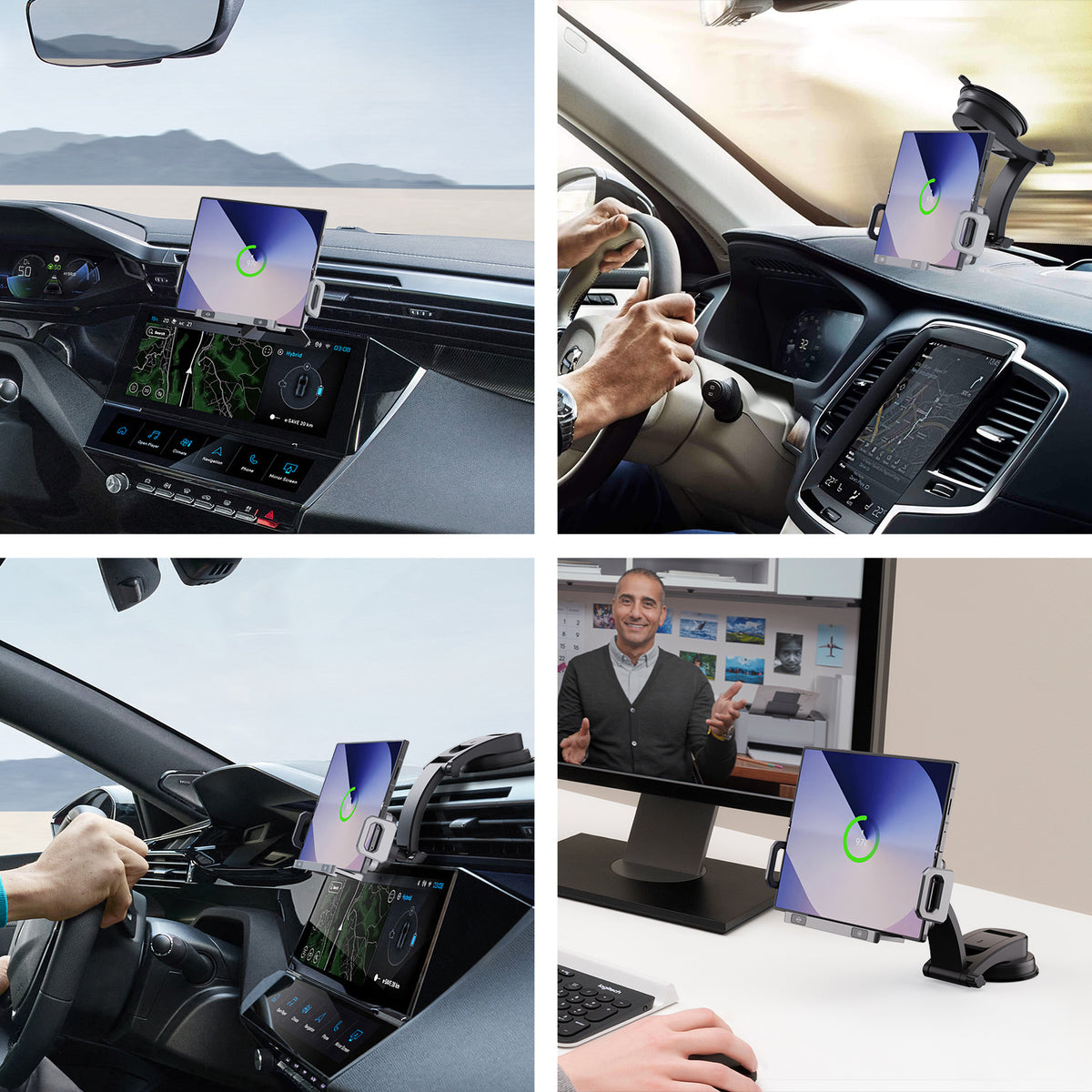 Car charger mount shown in vehicle and desk settings