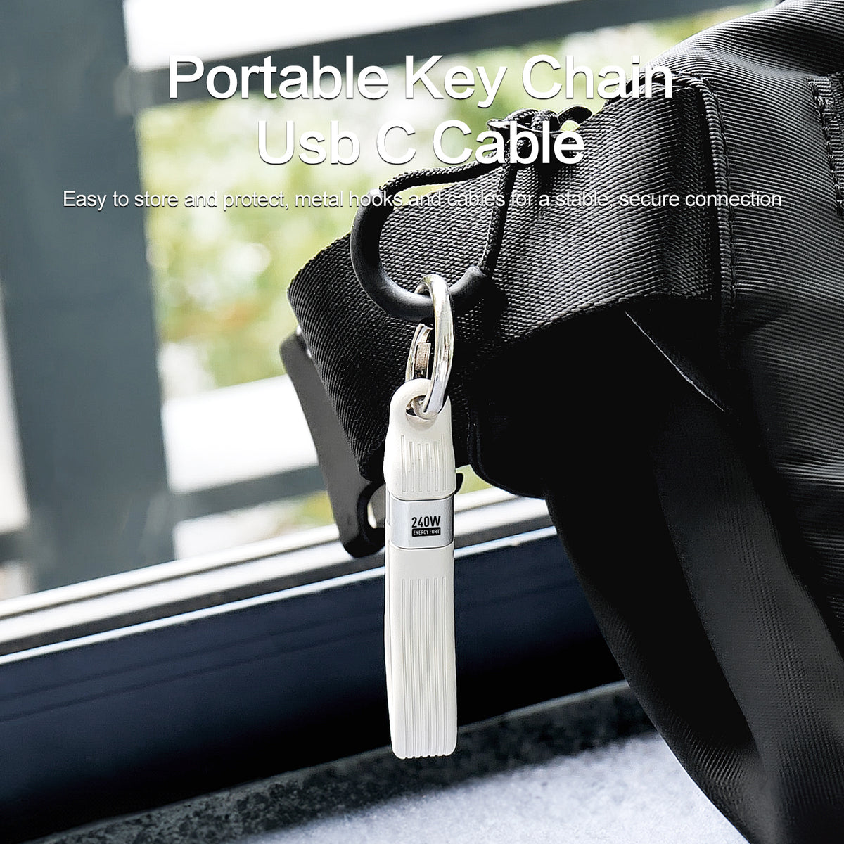 USB-C keychain cable connected to nearby devices