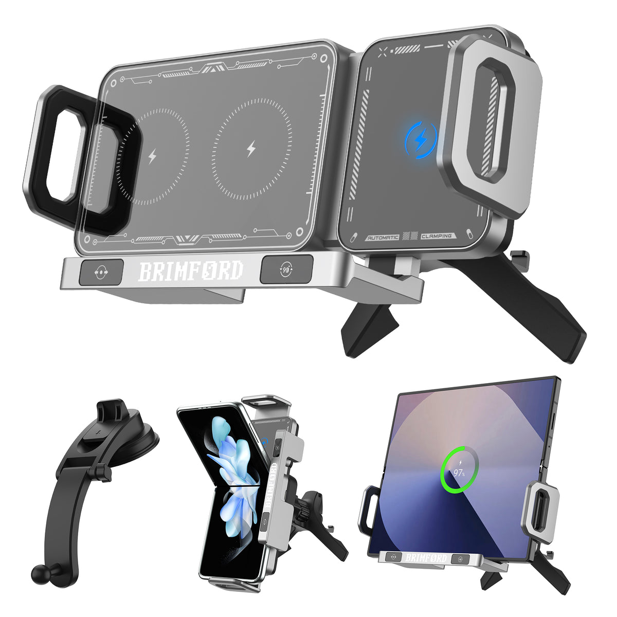 Wireless car charger with automatic clamp, vent mount and suction-cup arm