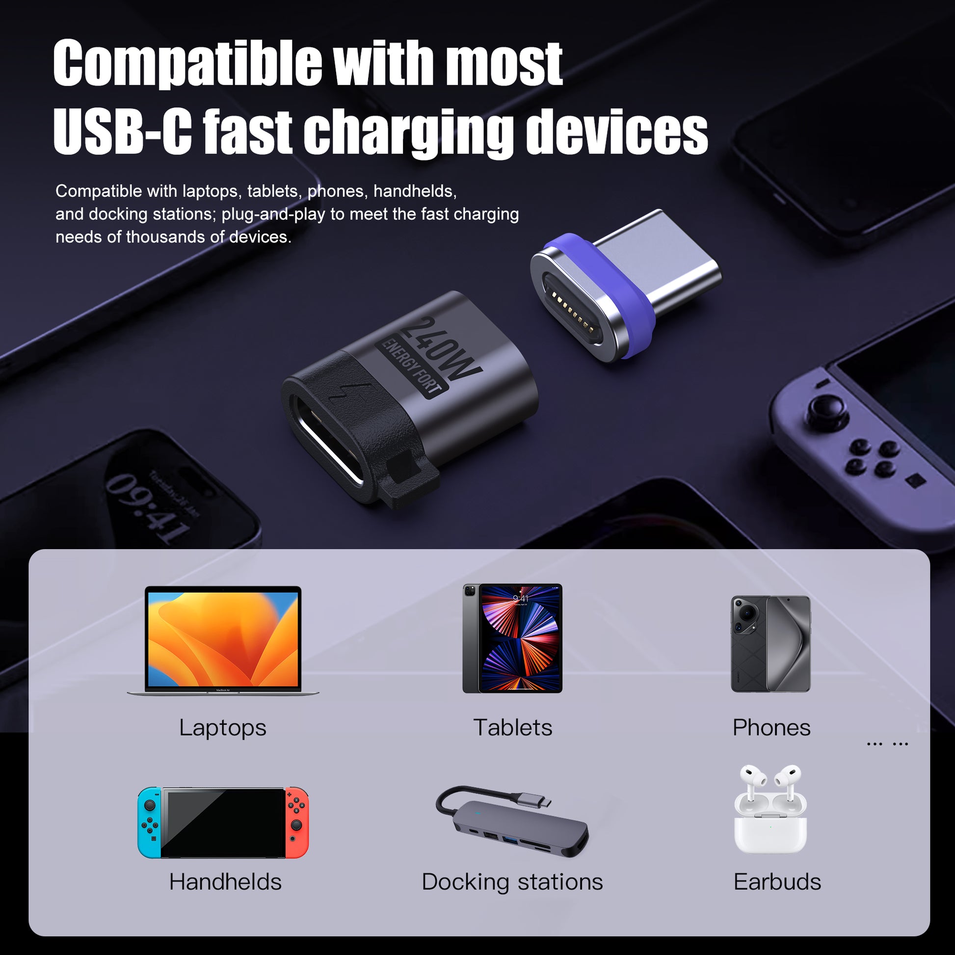 EnergyFort 240W USB-C Magnetic Adapter for USB-C Devices for magnetic wired USB-C connection - usage scene image