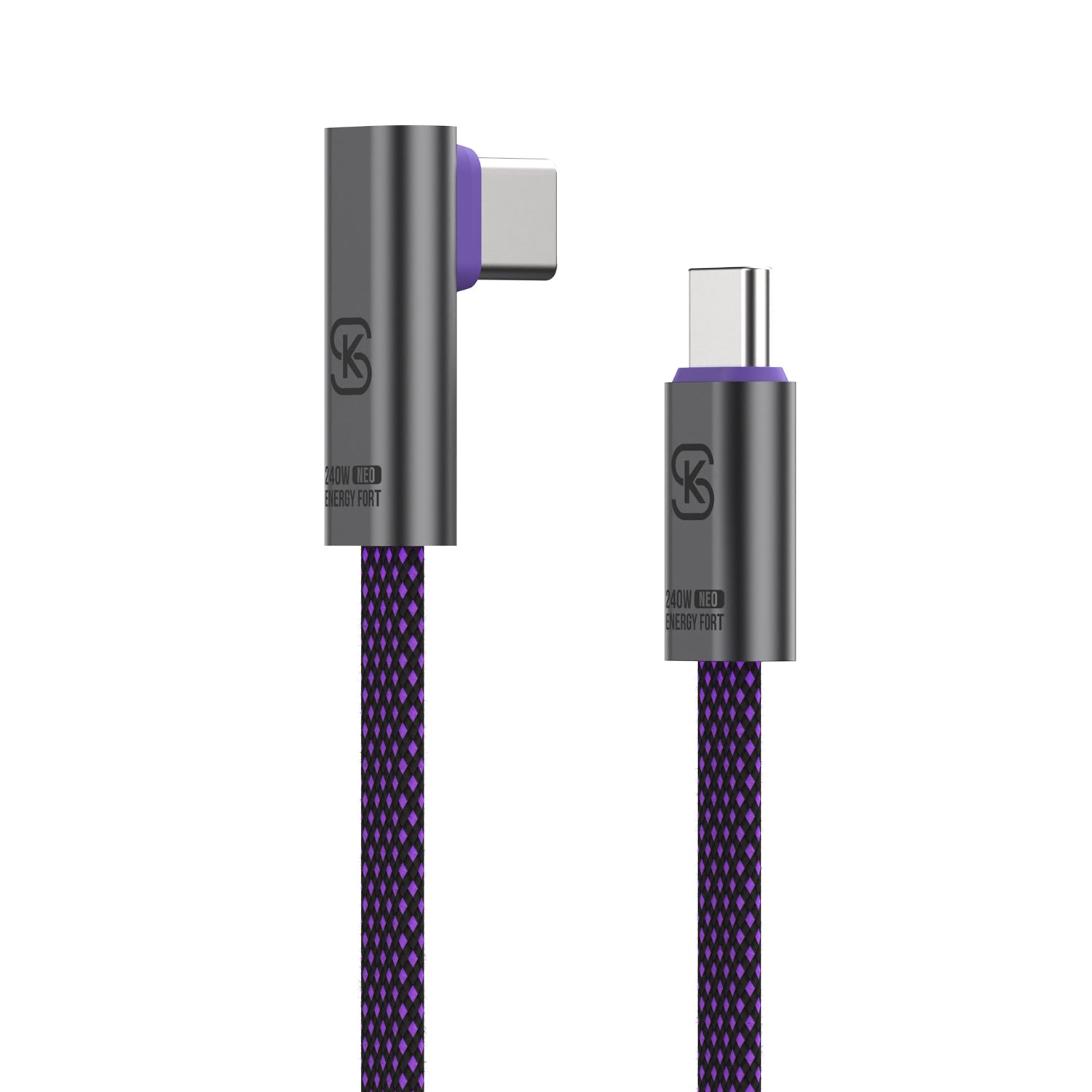 EnergyFort 240W L-shaped USB-C cable with black and purple braided design