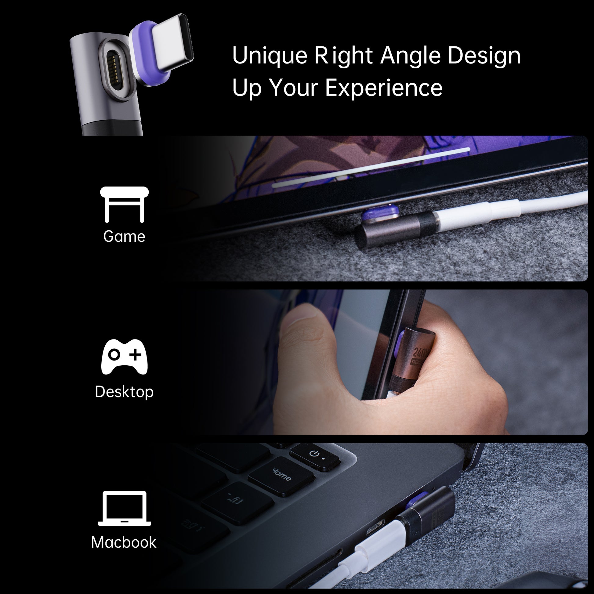 EnergyFort 240W Magnetic 90° Right-Angle USB-C Adapter for magnetic wired USB-C connection - lifestyle image