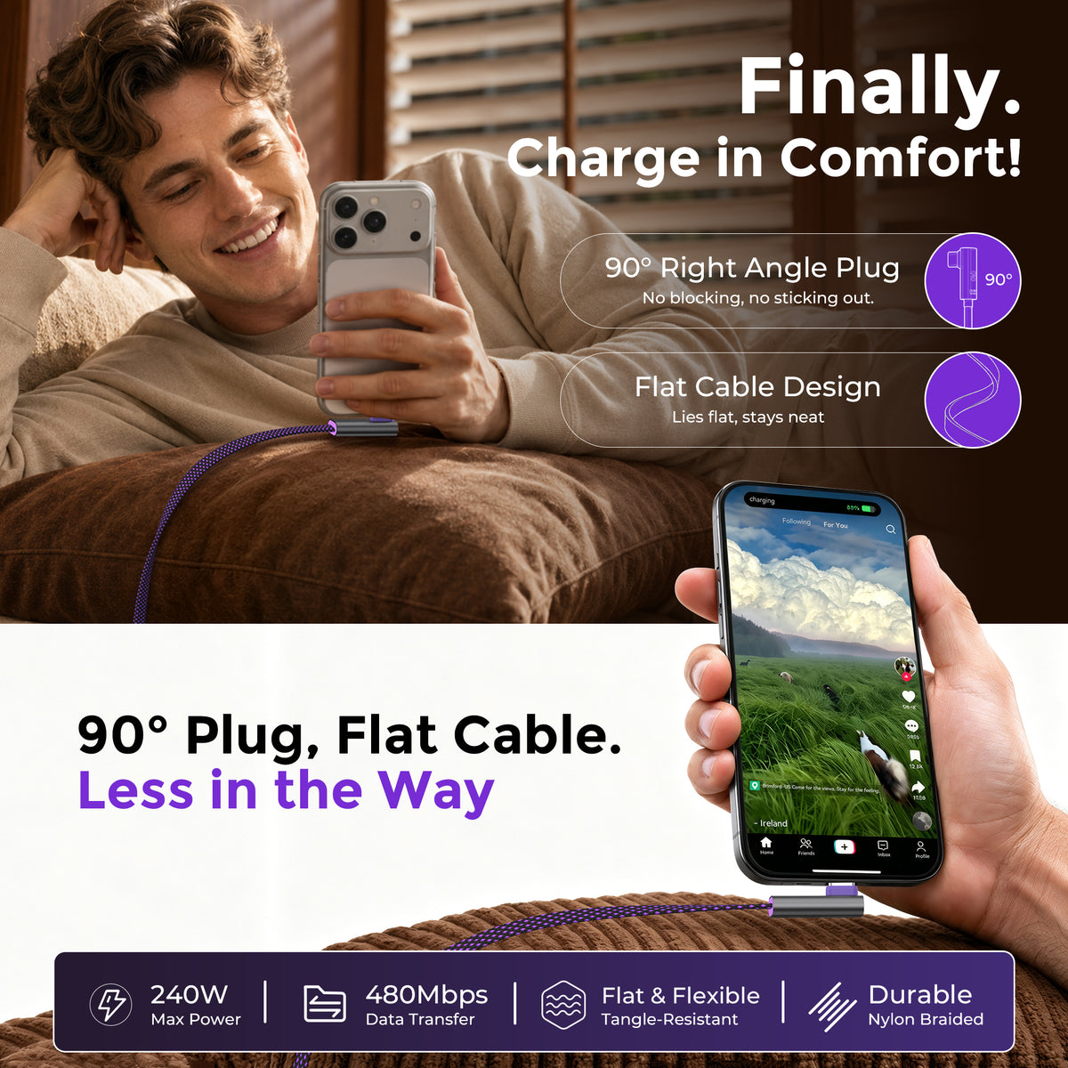 EnergyFort 240W L-Shaped USB-C Cable — 1.2m / 1.8m