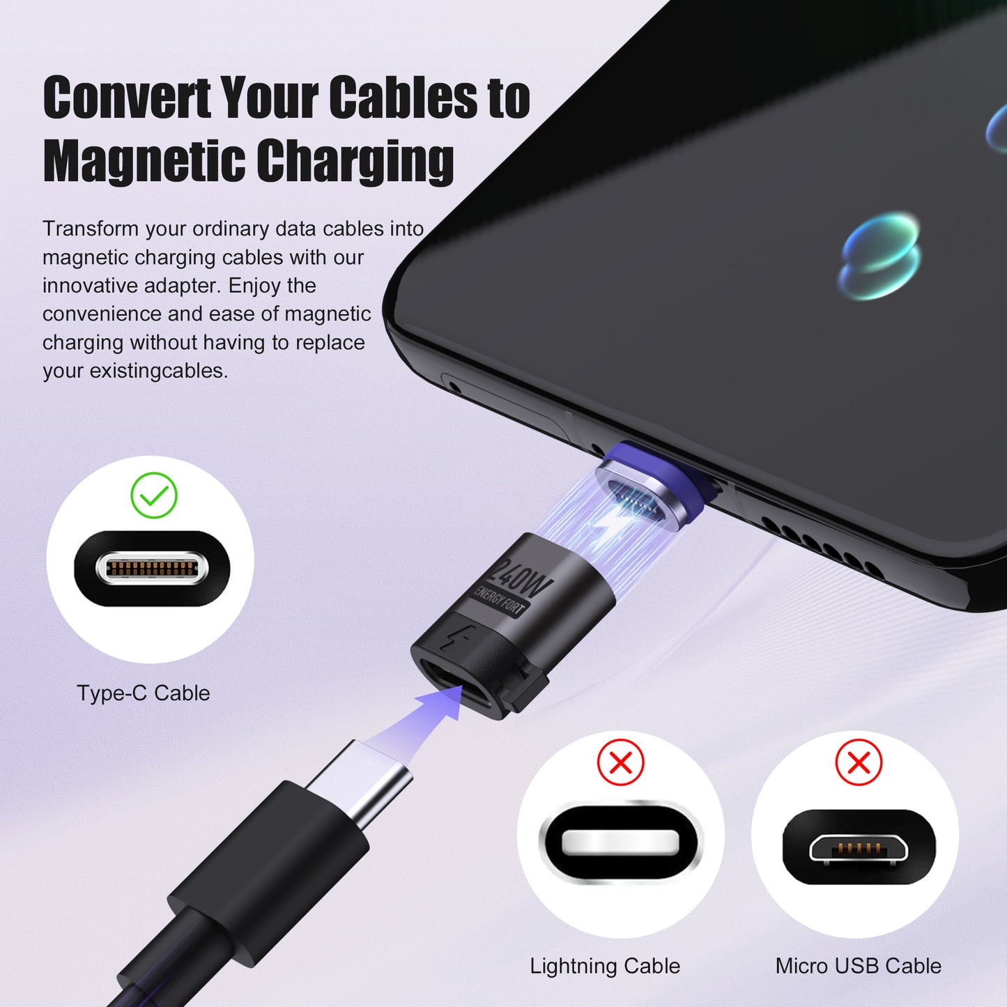 EnergyFort 240W USB-C Magnetic Adapter for USB-C Devices for magnetic wired USB-C connection - angle view image