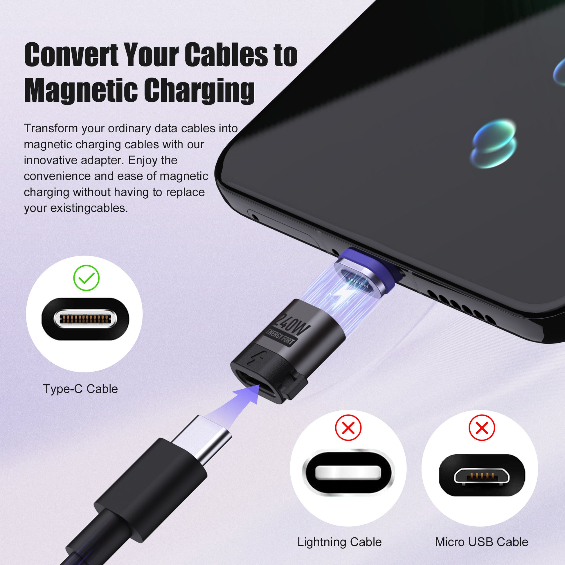 EnergyFort 240W USB-C Magnetic Adapter for USB-C Devices for magnetic wired USB-C connection - angle view image