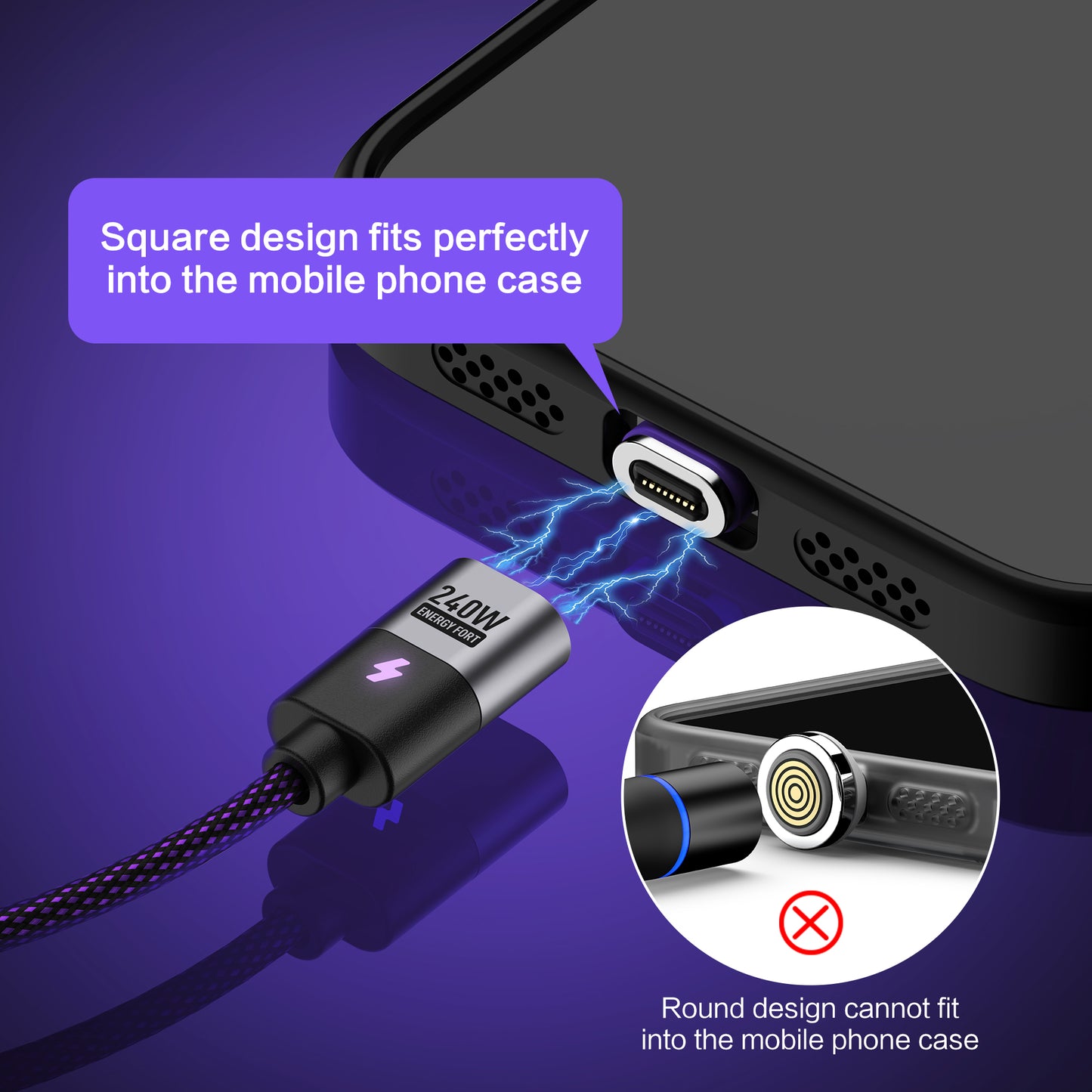 EnergyFort Magnetic 240W USB-C Cable with USB-A + USB-C Input for magnetic wired charging - angle view image