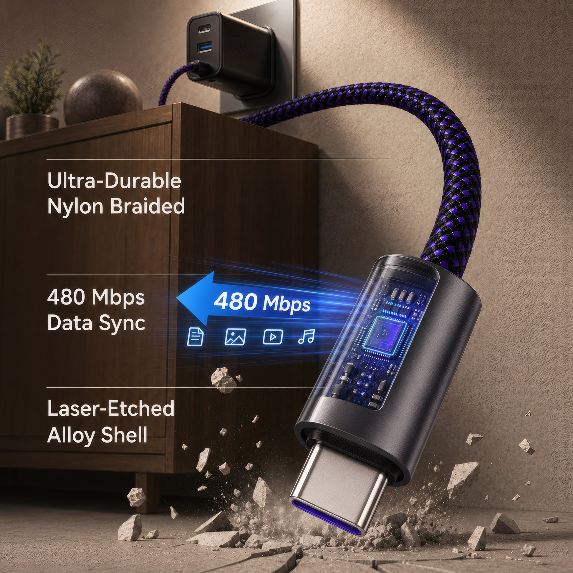 EnergyFort 240W USB-C to USB-C Fast Charging Cable with braided USB-C cable design - usage scene image