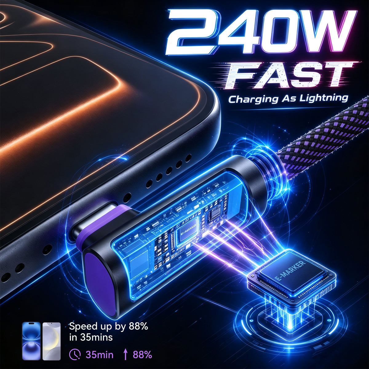EnergyFort 240W L-Shaped USB-C Cable — 1.2m / 1.8m