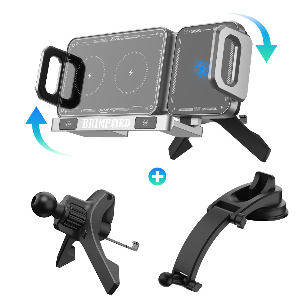 Wireless charging phone holder with included vent clip and suction-cup arm