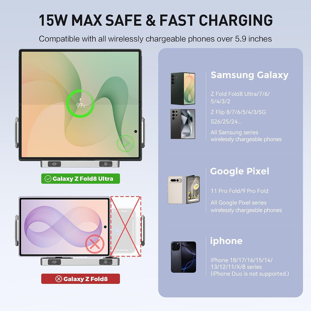 15W maximum wireless charging compatibility and coil-position diagram