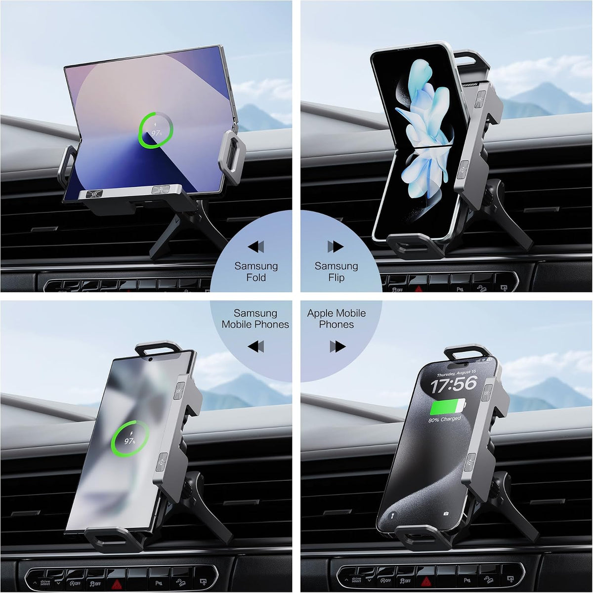 Adjustable viewing angles for the car phone charger mount