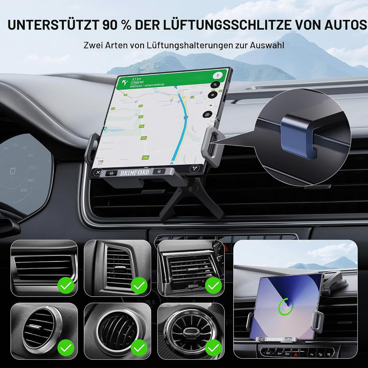 Car charger mount shown with foldable phones and standard smartphones