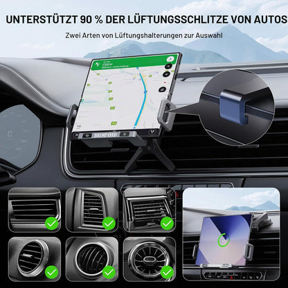 Car charger mount shown with foldable phones and standard smartphones