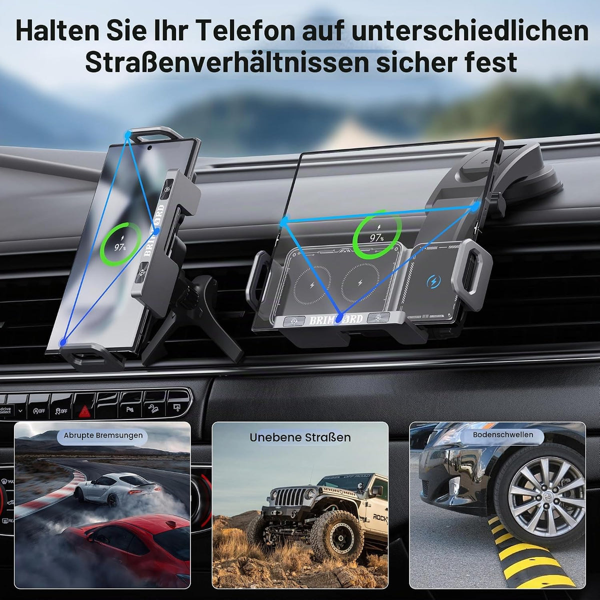 Wireless phone charger mount shown in several vehicle setups