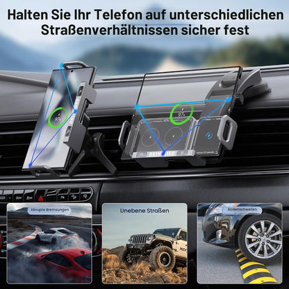 Wireless phone charger mount shown in several vehicle setups