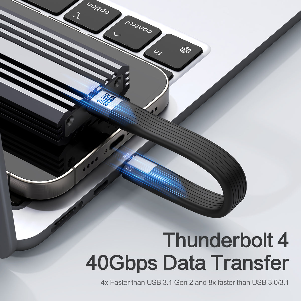 Short USB-C cable shown between a laptop and external SSD enclosure