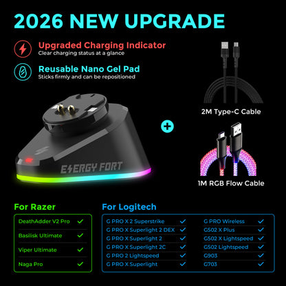 EnergyFort RGB Mouse Charging Dock for Logitech G Pro X Superlight, G502, G703, G903 & Razer