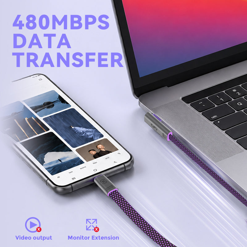 EnergyFort USB-C cable connecting a phone and laptop for 480Mbps data transfer