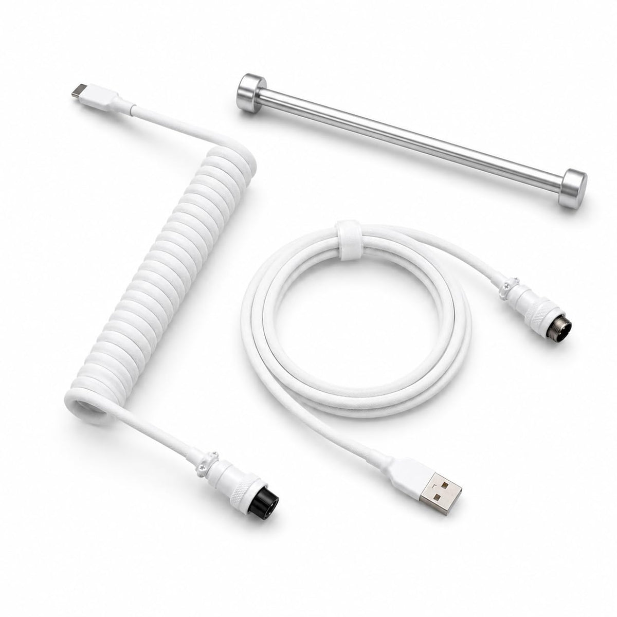 White coiled aviator keyboard cable with weighted bar, USB-A to USB-C