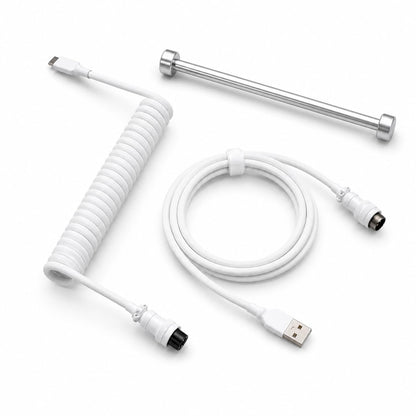 White coiled aviator keyboard cable with weighted bar, USB-A to USB-C