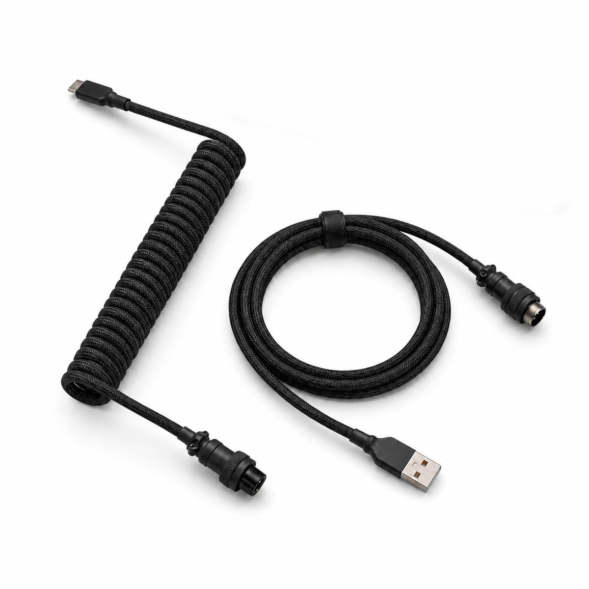 Black coiled aviator keyboard cable without weighted bar, USB-A to USB-C