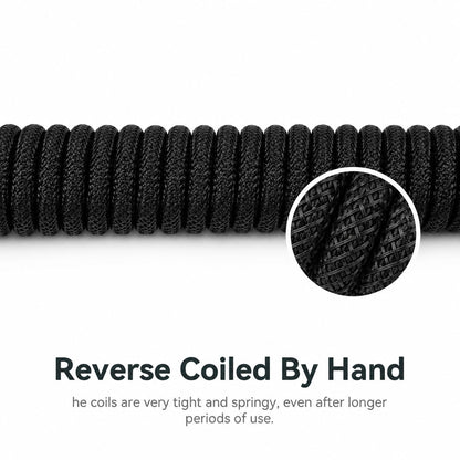 Black double-sleeved keyboard cable coil and braided texture