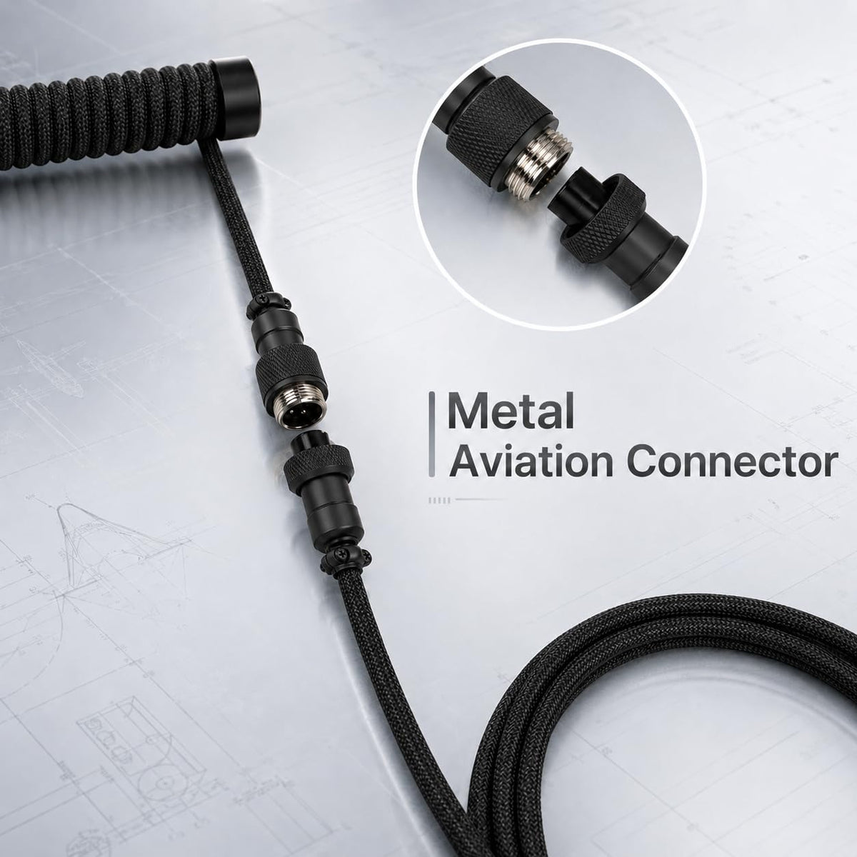 Close-up of the black keyboard cable detachable metal aviator connector
