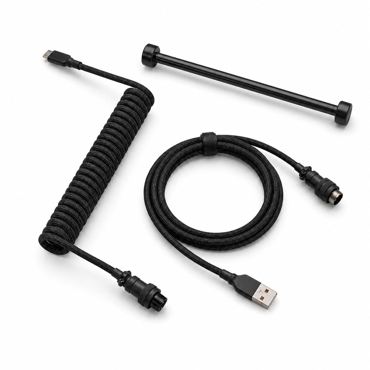 Black coiled USB-A to USB-C aviator keyboard cable with metal weighted guide bar