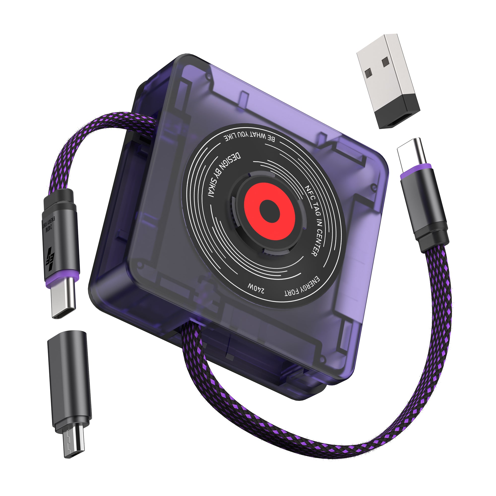 EnergyFort DISC retractable USB-C cable with USB-A and Lightning adapters
