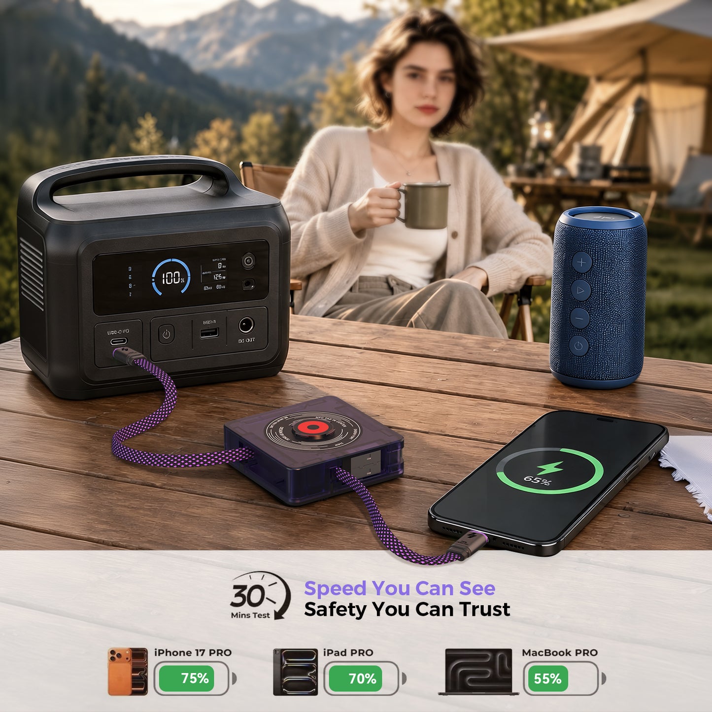 EnergyFort DISC cable charging multiple devices outdoors