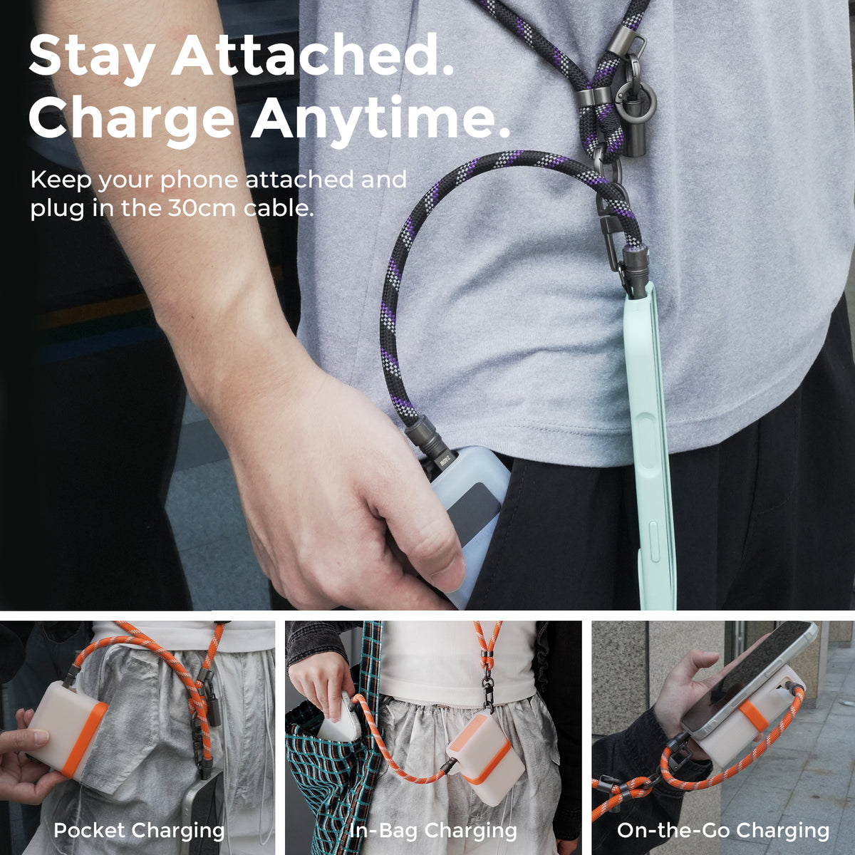 Adjustable phone lanyard with 30cm USB-C cable for everyday carry and charging