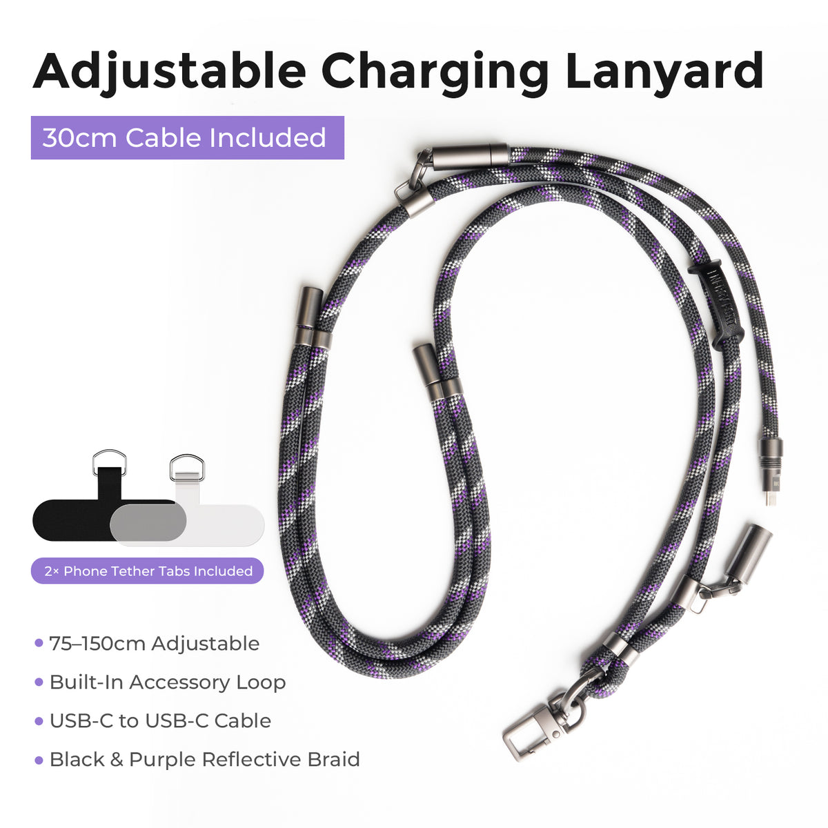 Black purple EnergyFort phone lanyard set with 30cm 240W USB-C cable