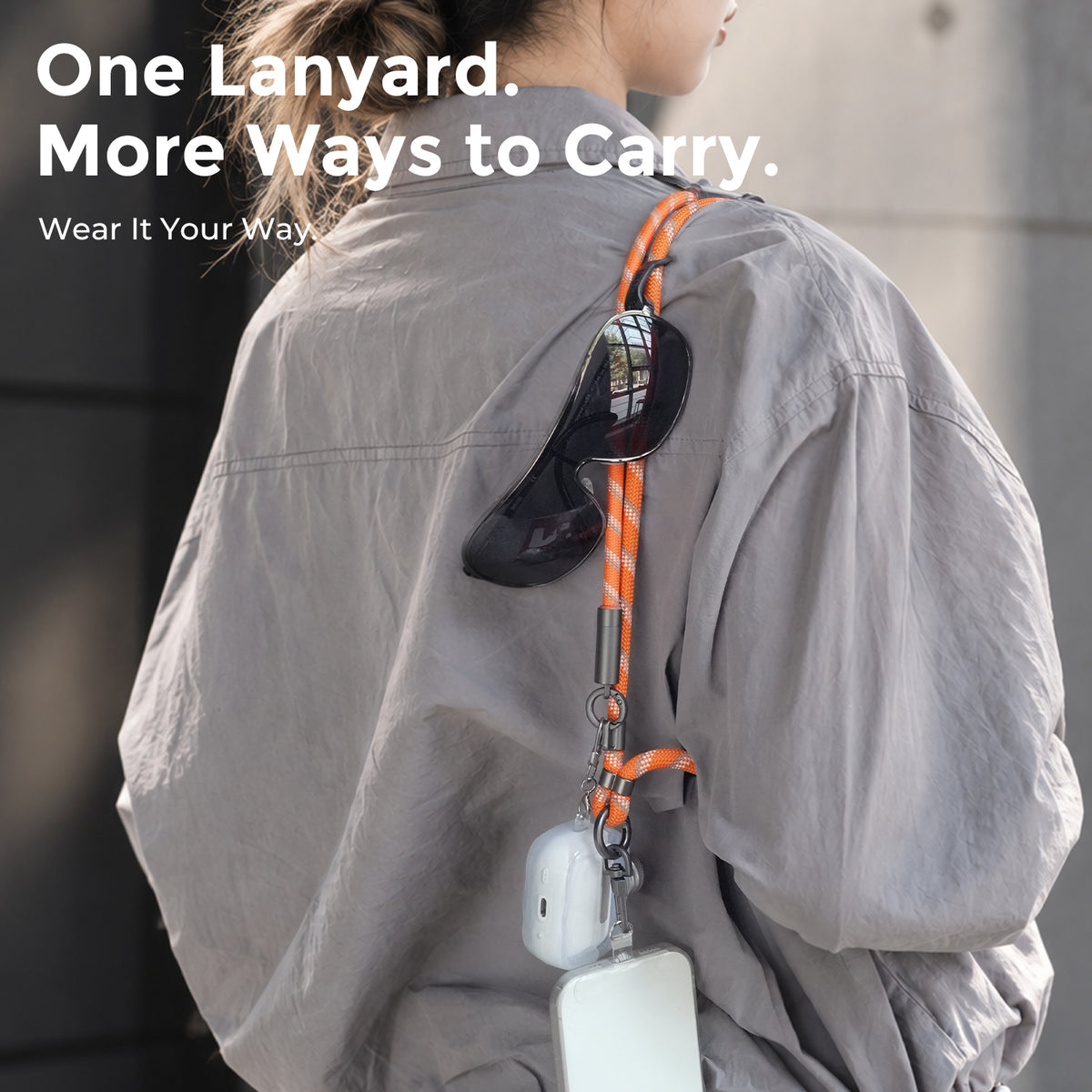 EnergyFort lanyard carrying phone, earbuds, keys and everyday accessories