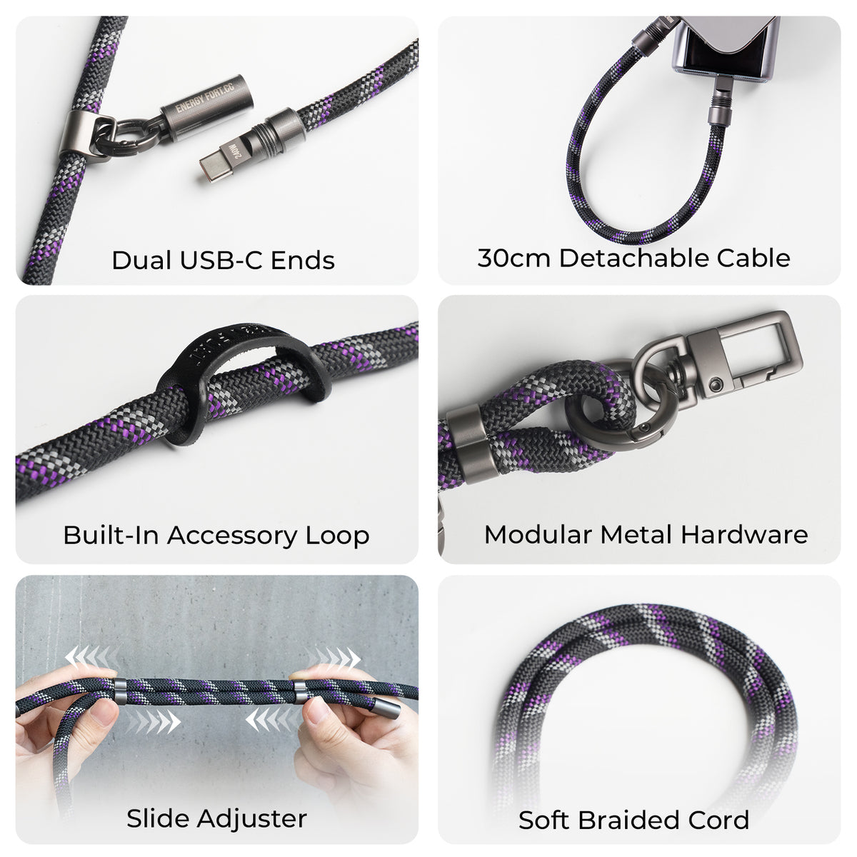 Crossbody phone lanyard with detachable USB-C cable for on-the-go charging