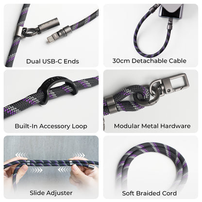 Crossbody phone lanyard with detachable USB-C cable for on-the-go charging