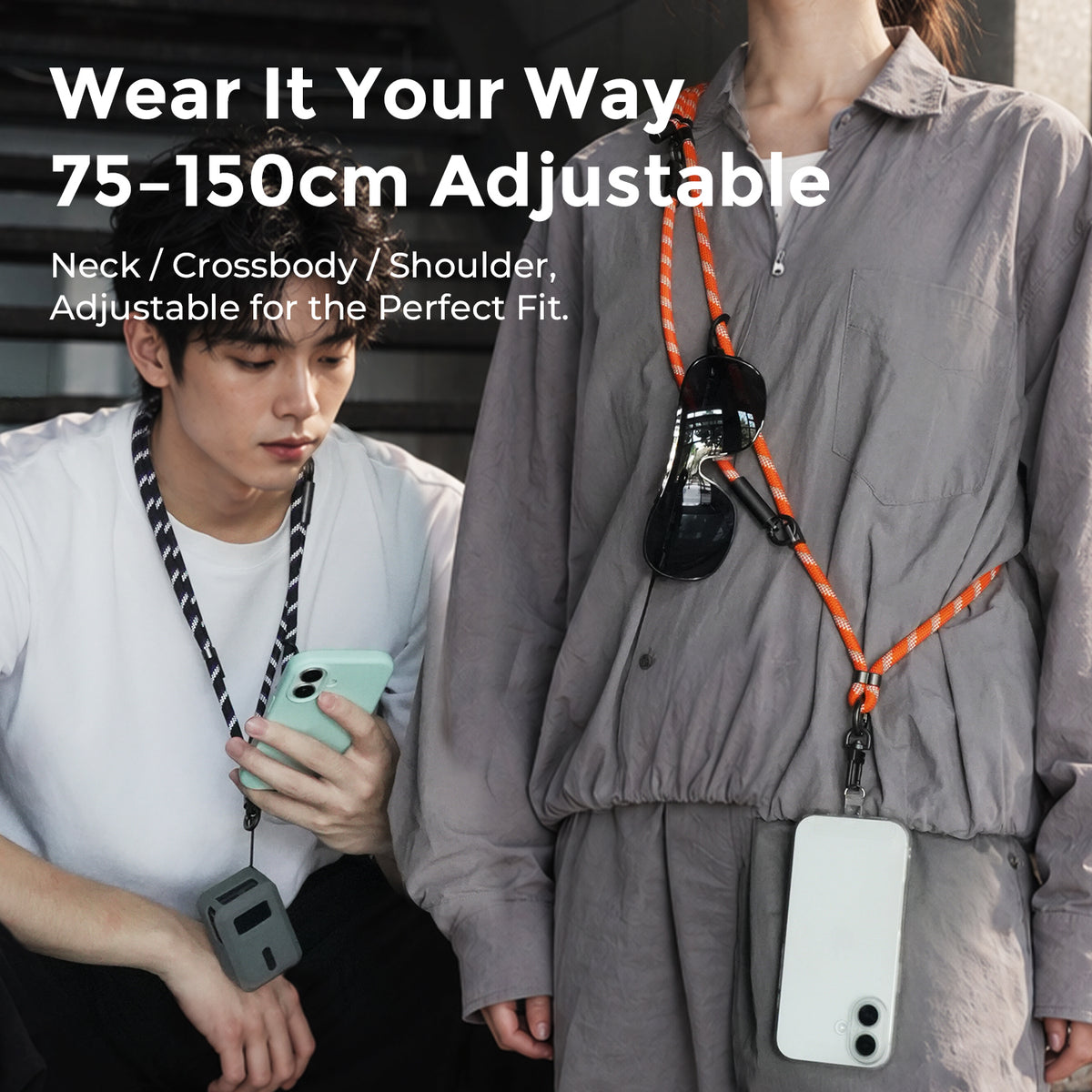 Reflective braided adjustable phone lanyard shown in low light